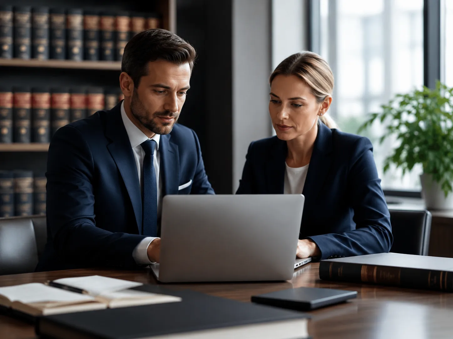 Two lawyers reviewing a case together on a laptop